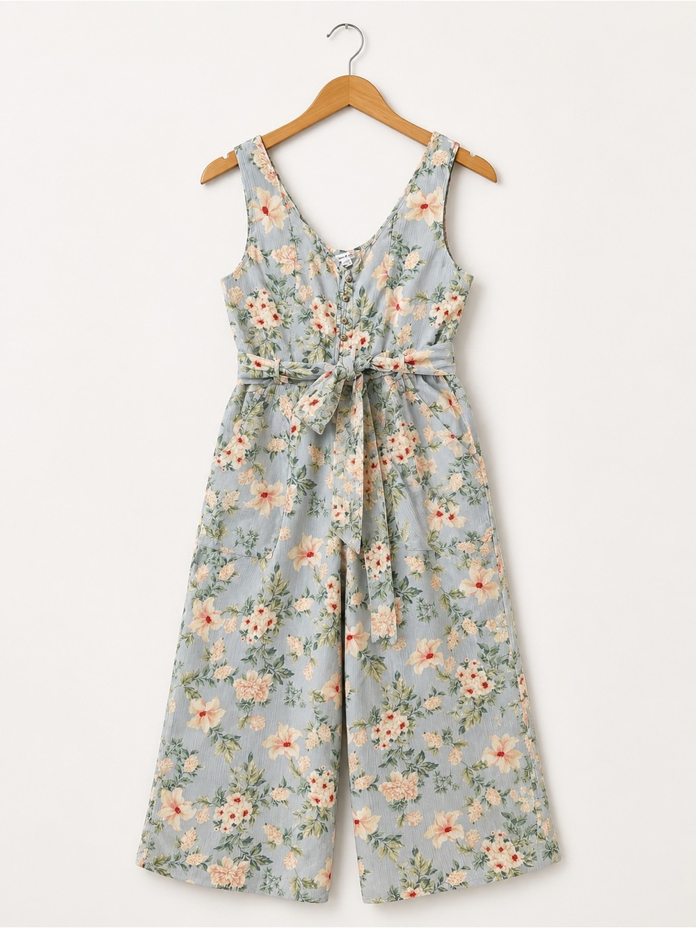 American Eagle Sleeveless Floral Midi Dress with Tie Waist - Light Blue